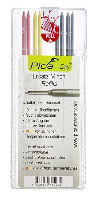 Náhradní tuhy PICA Dry kulaté - černá, červená, žlutá