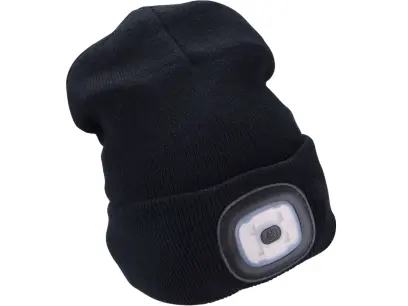 čepice s čelovkou 4x45lm, USB nabíjení, černá, univerzální velikost, 73% acryl a 27% polyester